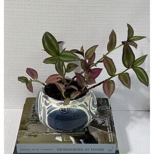 Blue & White Swirl Stoneware Planter Flower Pot Round Wheel Thrown Maker’s Mark